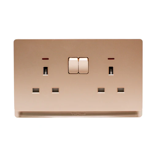 Gold 2-Gang Switched Socket with Neon â€“ Single Pole