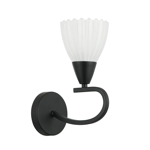 Black Wall Lamp with Frosted Shade and Curved Arm Design